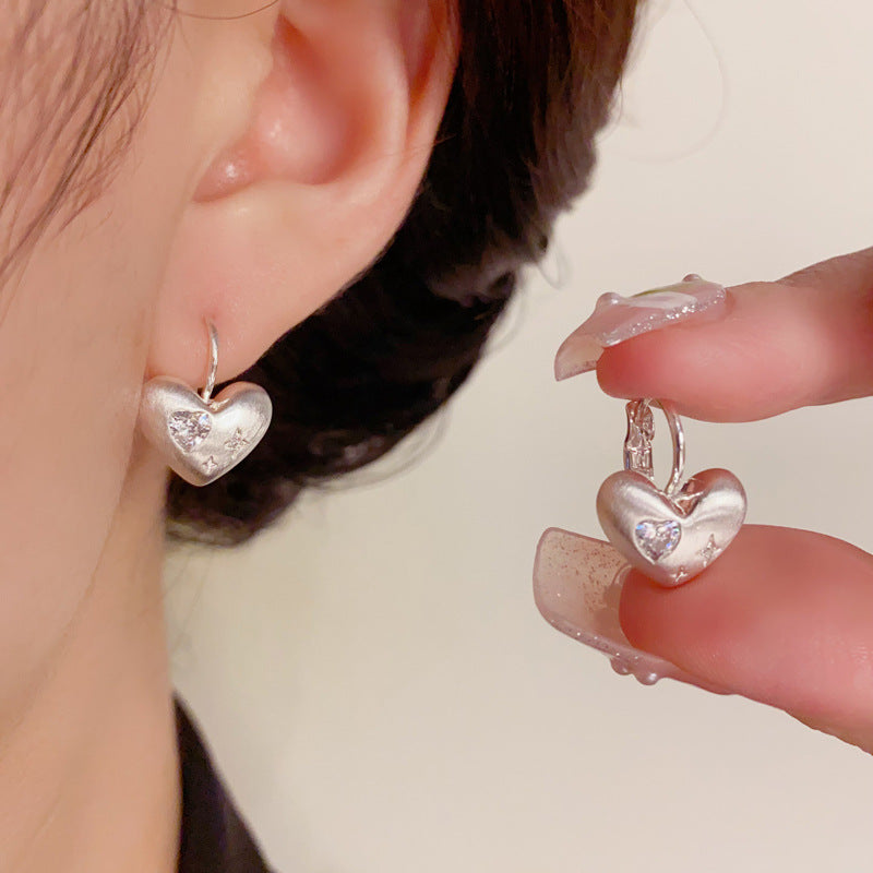 S925 Silver Heart Earrings - Stylish Minimalist Brushed Metal Hoops