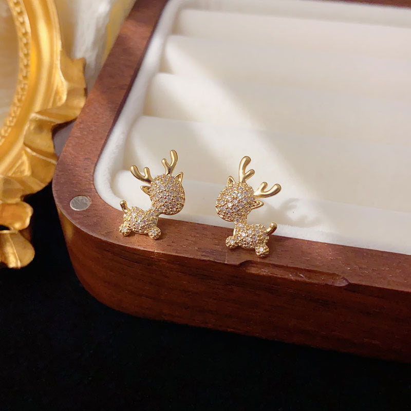 Luxury Full-Zircon Christmas Reindeer Stud Earrings – Animal Design