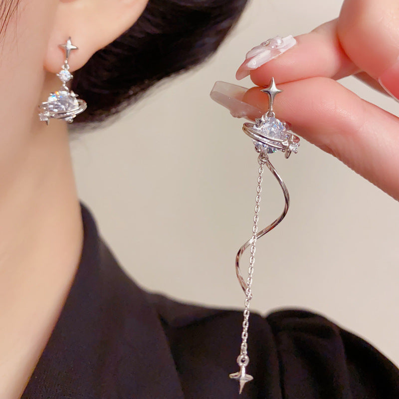 Elegant Zircon Star Planet Tassel Drop Earrings – Asymmetric Design