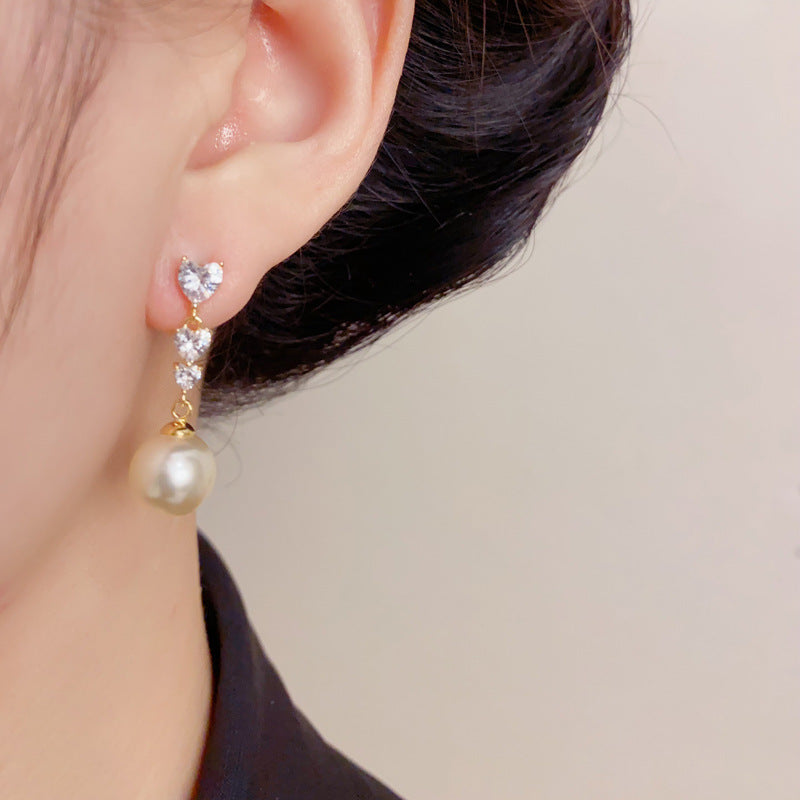 Elegant Zircon Heart Pearl Tassel Drop Earrings – Romantic Design