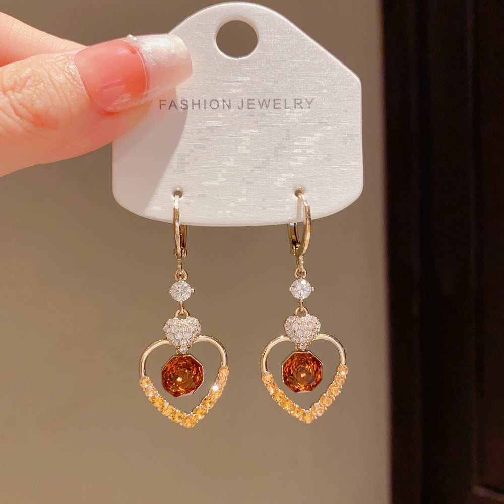 Eaioncol Coffee Gold Heart CZ Tassel Hoop Earrings