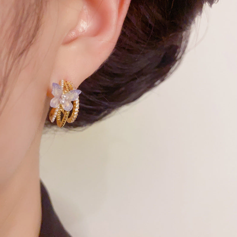 14K Gold Zircon & Pearl Purple Butterfly Hoop Earrings– Elegant Design