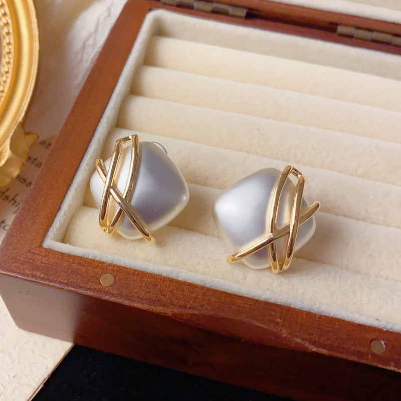 Elegant Square Color-Block Cross Stud Earrings – French Retro Design