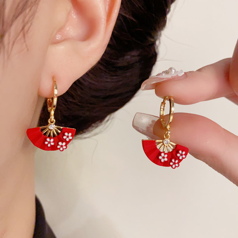 14K Gold-Plated Red Fan Spray Earrings - Chic Japanese Design