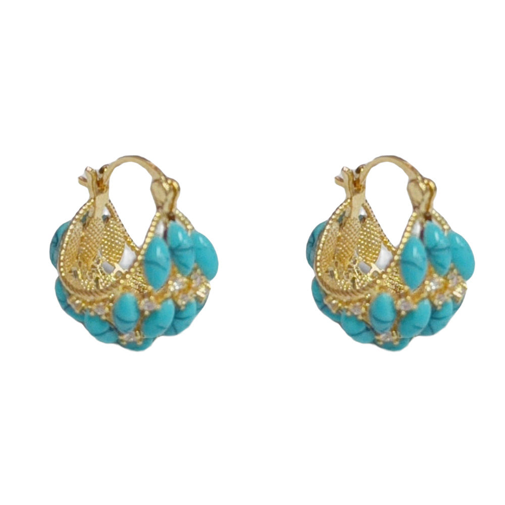 Eaioncol Turquoise Basket Hoop Earrings Gold