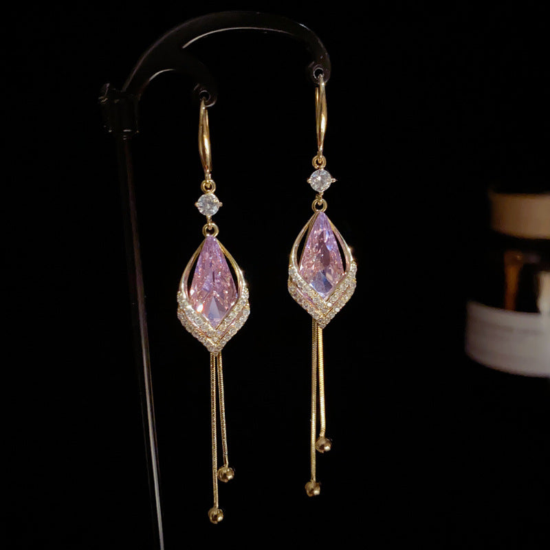 14K Gold-Plated Purple Waterdrop Zircon Tassel Earrings-Elegant Design