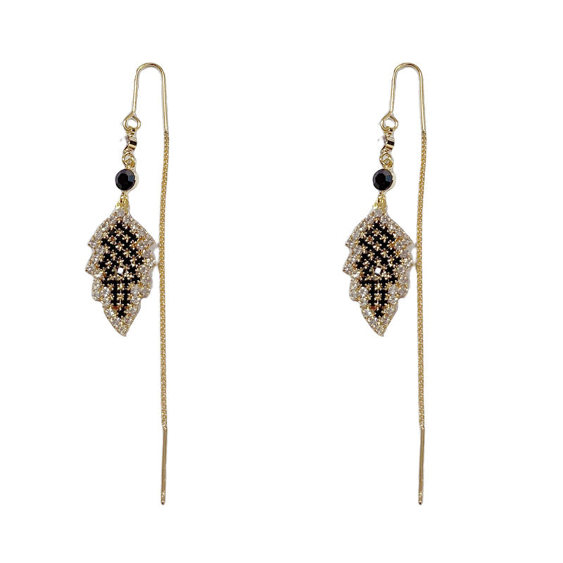 14K Gold-Plated Full-Diamond Leaf Tassel Earrings -Vintage Chic Design