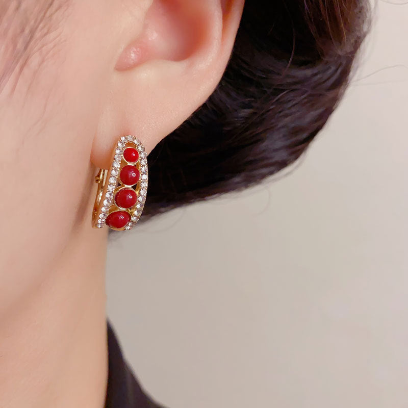 Elegant Zircon Red Geometric C-Hoop Earrings – Minimalist Design
