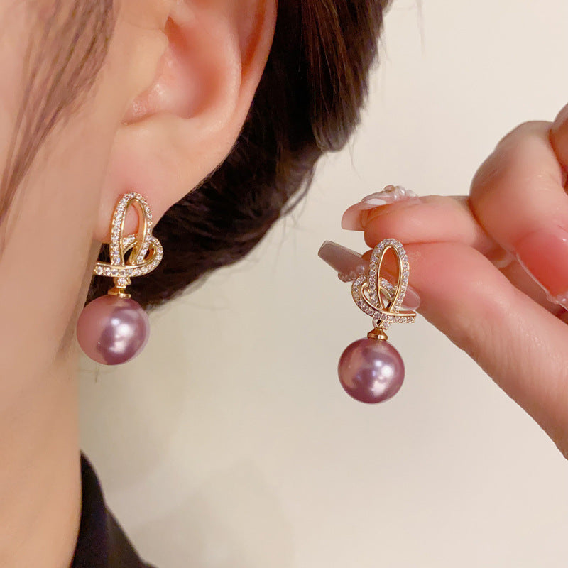 14K Gold-Plated Zircon Heart Purple Pearl Drop Earrings -Vintage Style