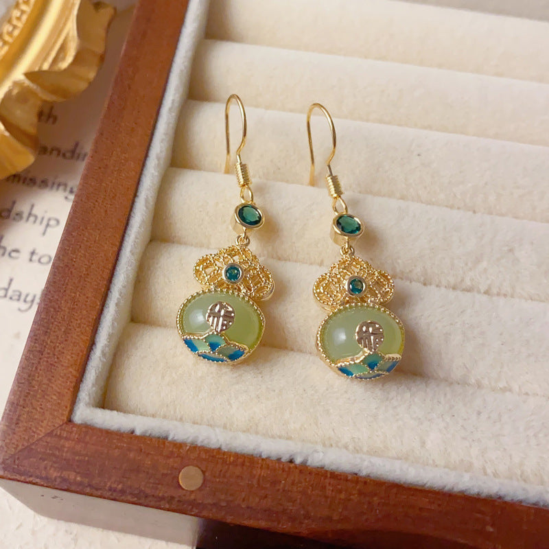 Elegant Imitation Jade Gourd Tassel Drop Earrings – Auspicious Design