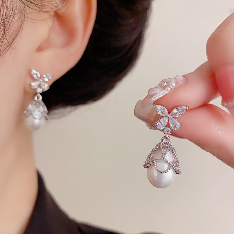 Eaioncol Butterfly Lace Pearl Drop Earrings Gold Silver