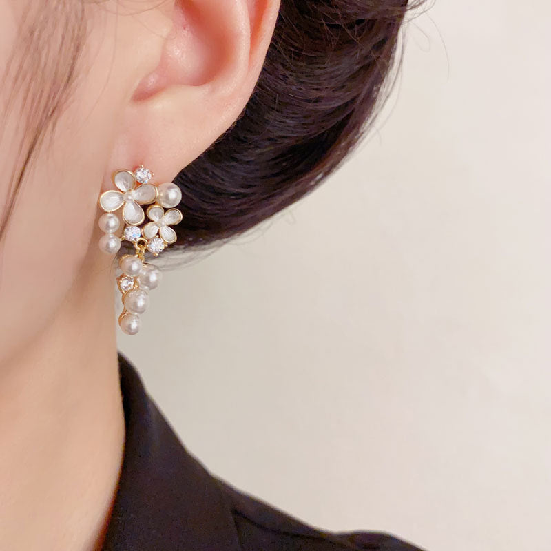 Luxury Zircon Petal Pearl Tassel Drop Earrings – Floral Design