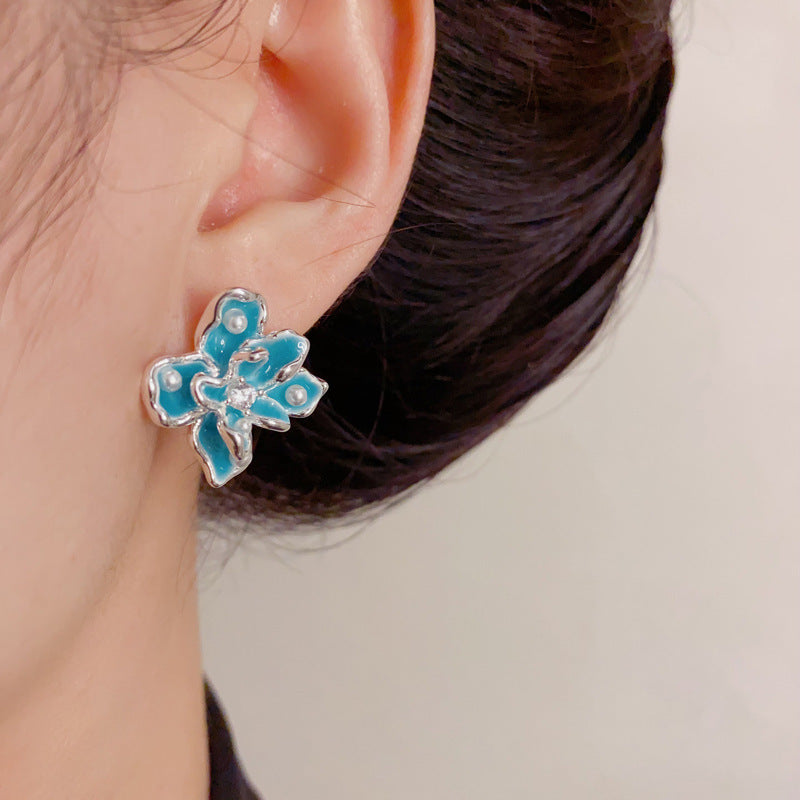 Luxury Blue Enamel Iris Flower Stud Earrings – Floral Design