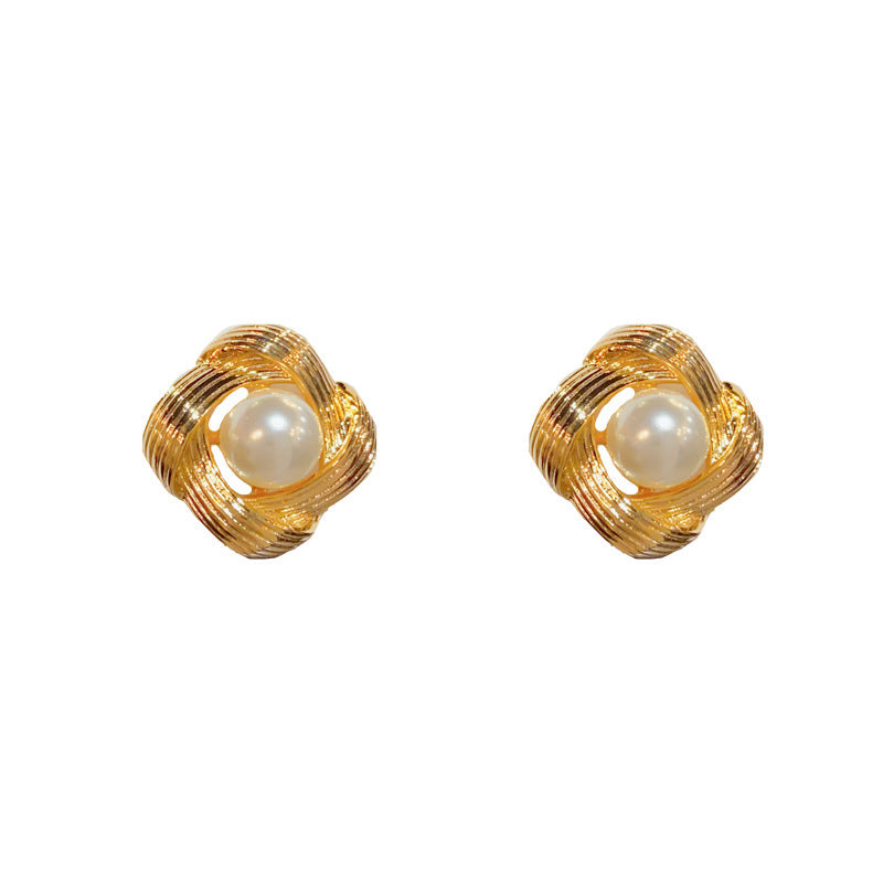 14K Gold Plated Pearl Metal Texture Stud Earrings-Minimalist Floral Design