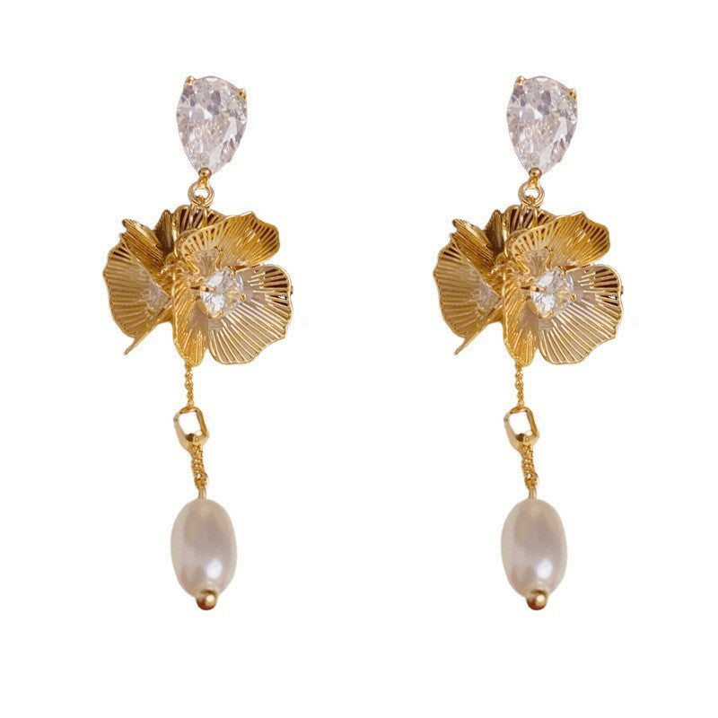 Eaioncol Floral Pearl Tassel Earrings 14K Gold & Silver Plated