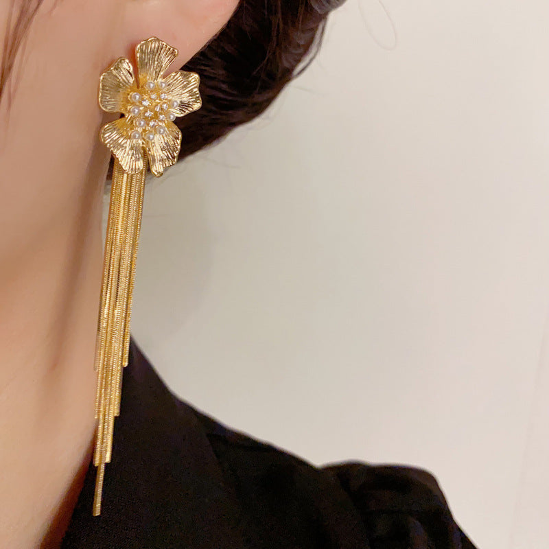 14K Gold-Plated Metal Pearl Petal Long Tassel Earrings-Elegant Design