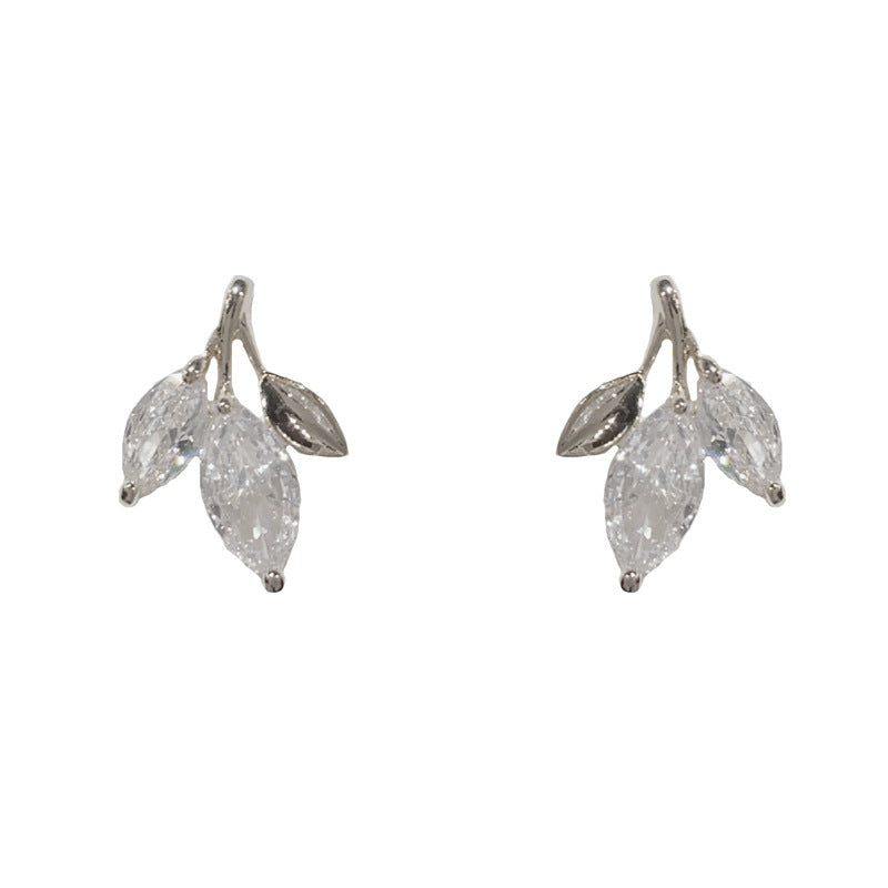 14K Gold-Plated Full Rhinestone Leaf Stud Earrings - Elegant & Chic