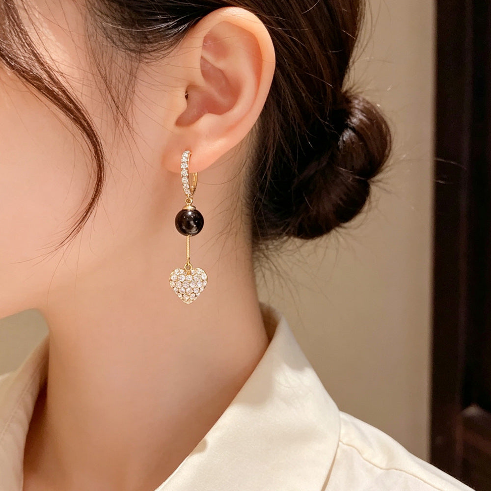 Eaioncol Black Ball Heart CZ Tassel Hoop Earrings 14K Gold Plated