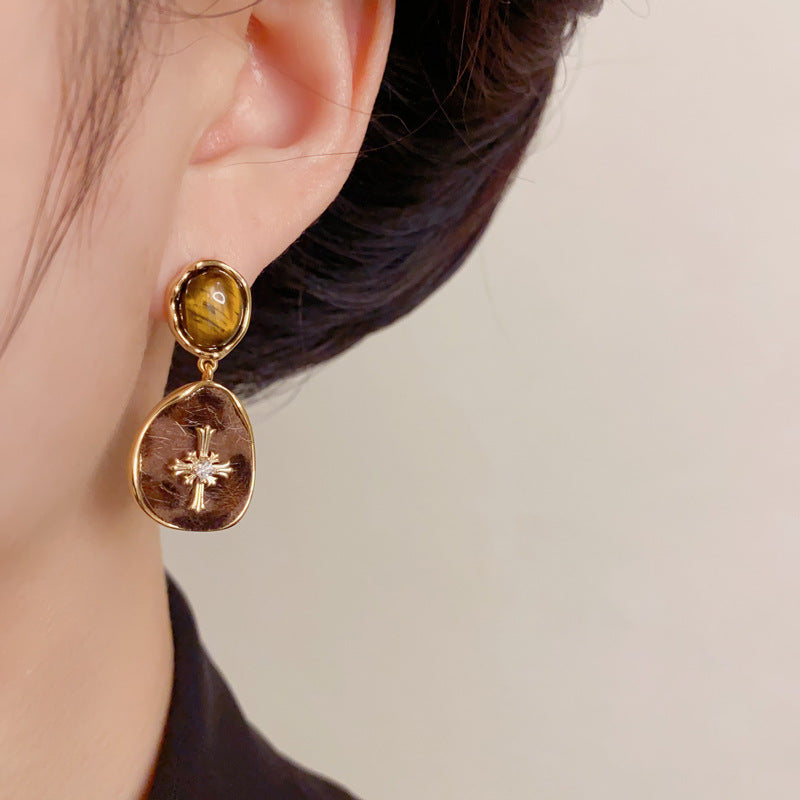 Elegant Tiger’s Eye Leopard Geometric Drop Earrings – French Design