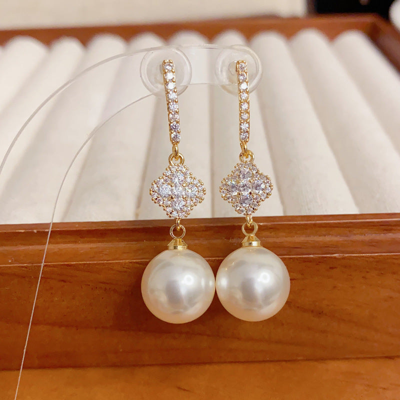 Elegant Zircon Four-Leaf Flower Pearl Drop Earrings – K-Beauty Design