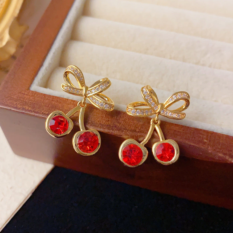 Elegant Zircon Cherry Drop Earrings – Fruit Design