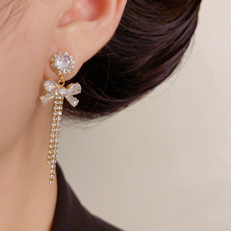 Luxury Full-Zircon Bow Tassel Drop Earrings – Elegant Design