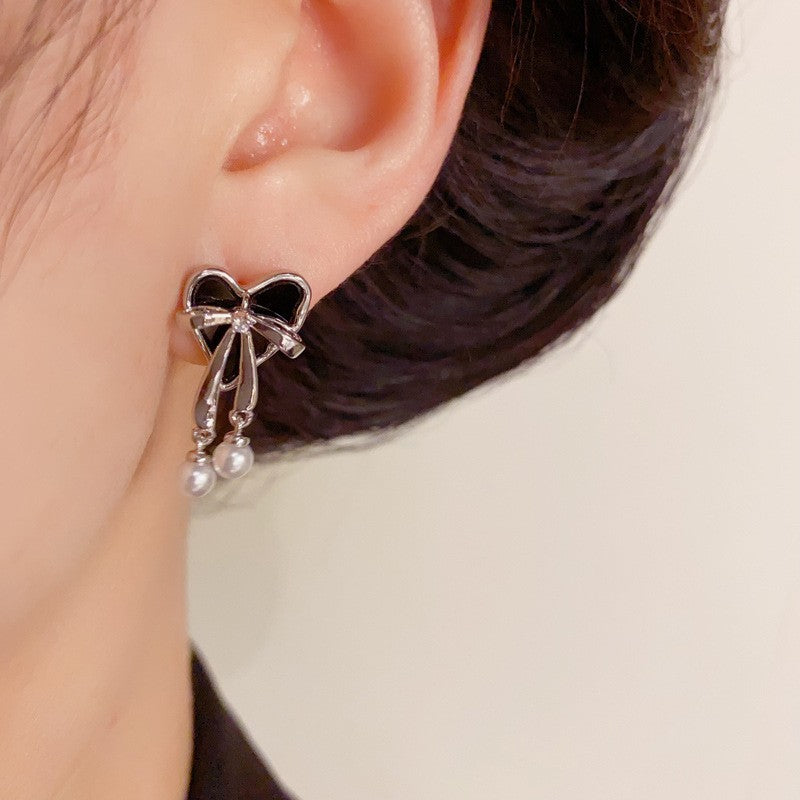 Elegant Heart Bow Pearl Tassel Drop Earrings – Romantic Design