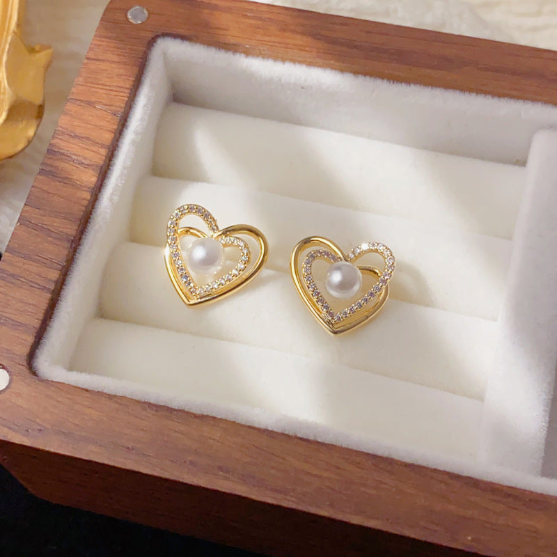 Luxury Zircon Double-Layer Heart Pearl Stud Earrings – Elegant Design