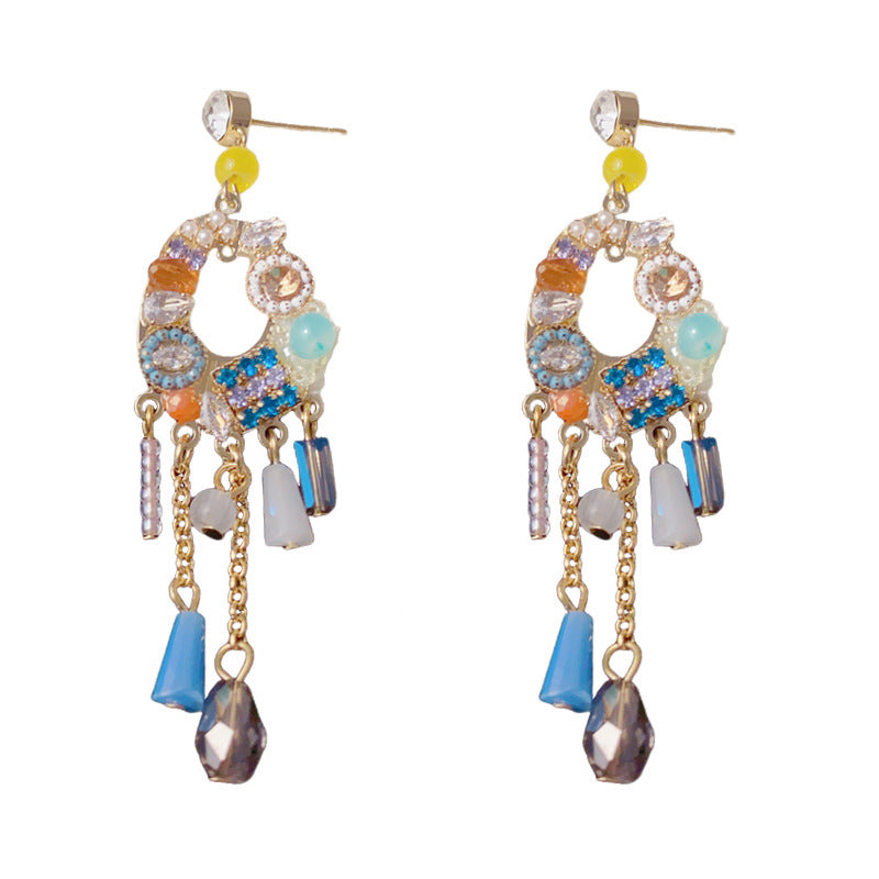 Elegant Beaded Crystal Oval Tassel Earrings – Bohemian Design