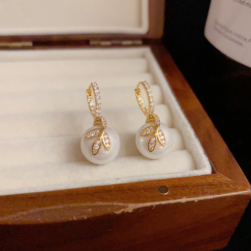 14K Gold-Plated Leaf Pearl Earrings - Chic & Elegant Studs