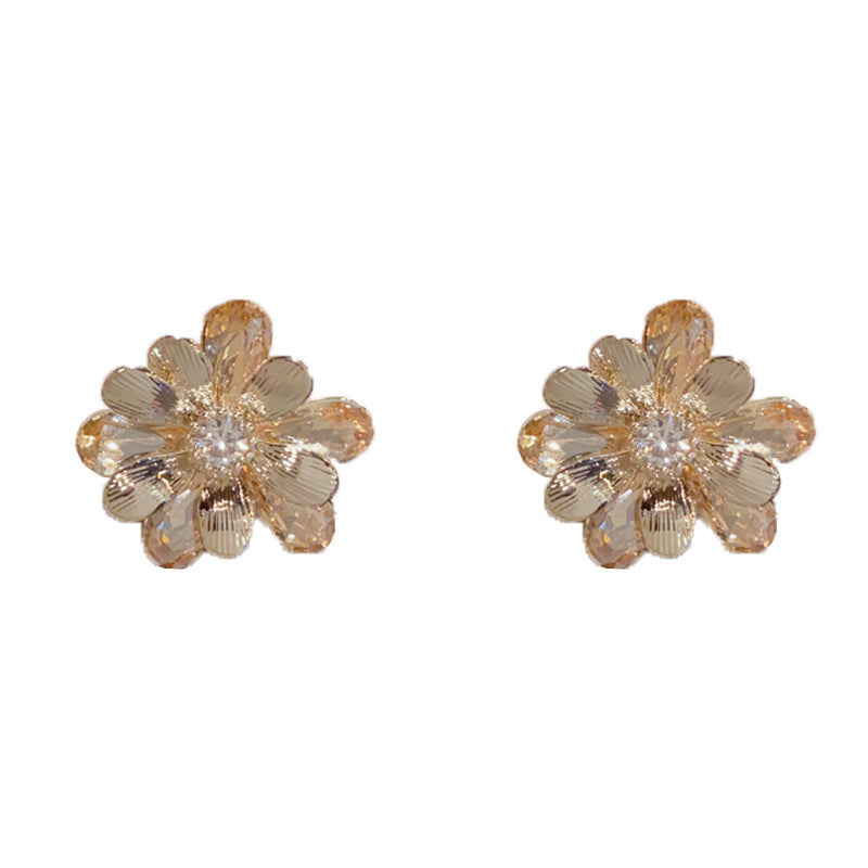 Luxury Coffee Gold Zircon Petal Stud Earrings – Retro Floral Design