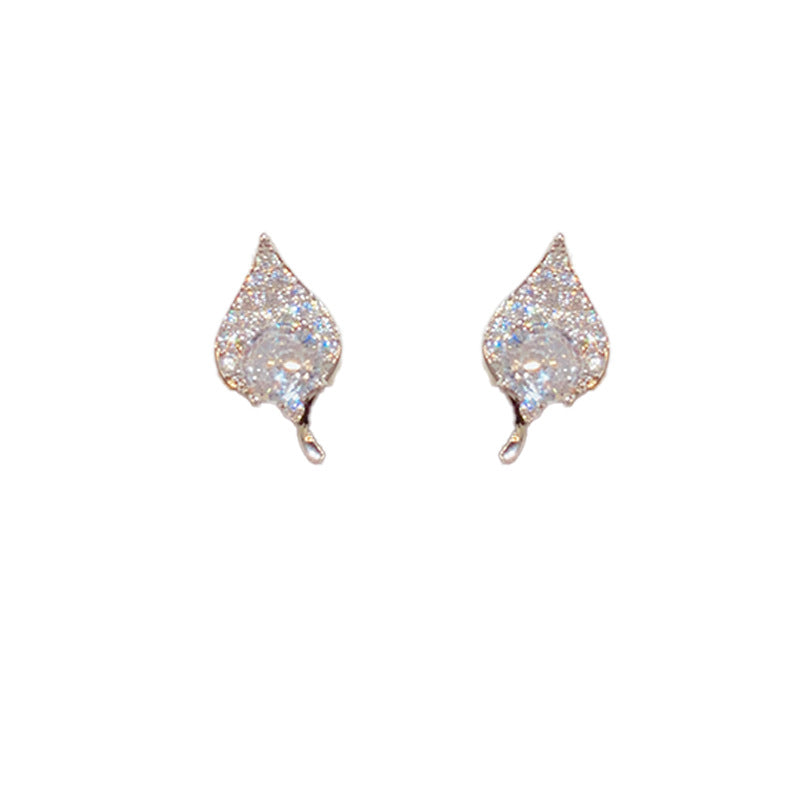 14K Gold-Plated Zircon Leaf Stud Earrings - Elegant & Chic Design