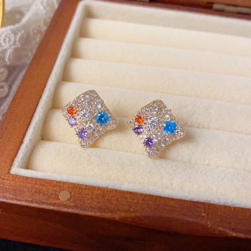 Luxury Full-Zircon Colorful Rhombus Stud Earrings – Sparkle Design
