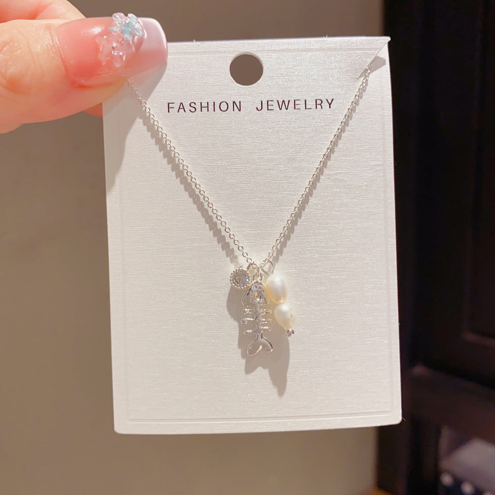 Eaioncol Fishbone Pearl Necklace 14K Gold & Silver Plated