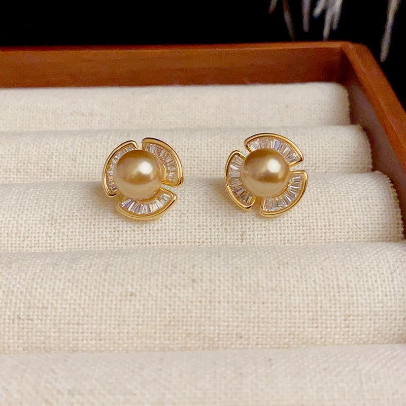 14K Gold-Plated Micro-Paved Zircon Pearl Stud Earrings -Elegant Design