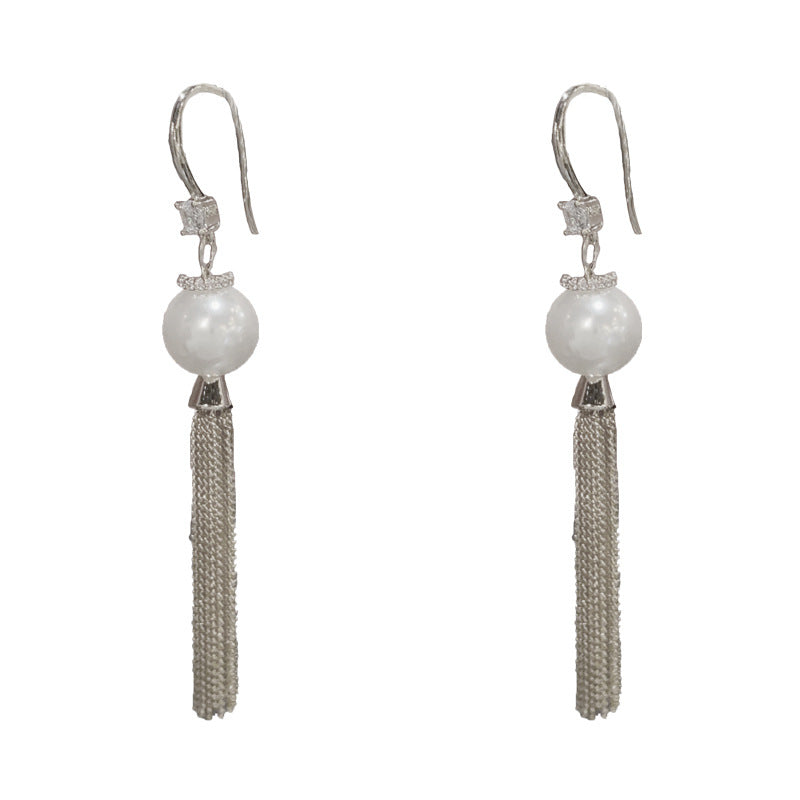 Elegant Zircon Pearl Chain Tassel Drop Earrings – Long Fringe Design