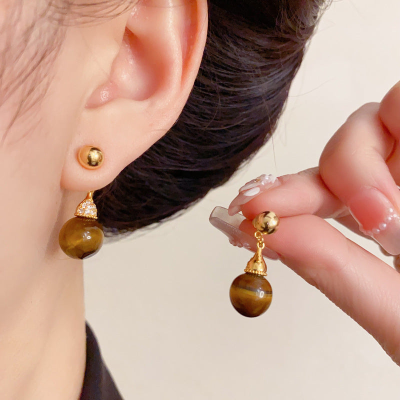Luxury Two-Way Tiger’s Eye Drop Earrings – Geometric Design