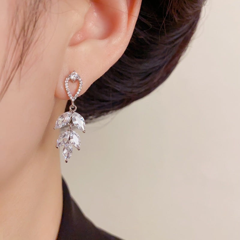 Elegant Zircon Leaf Tassel Drop Earrings – French Botanical Design