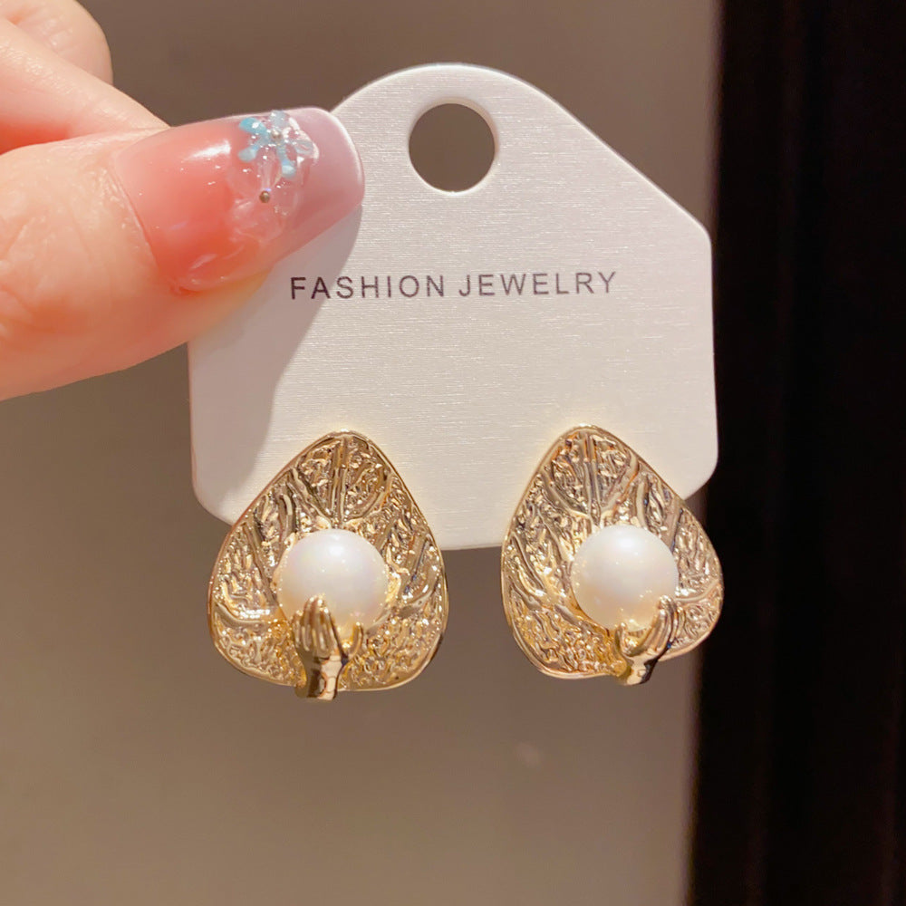 Eaioncol Leaf Pearl Stud Earrings 14K Gold & Silver Plated