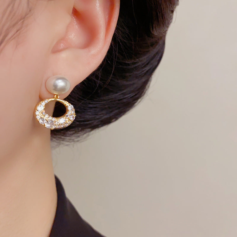Eaioncol Geometric Pearl CZ Oval Drop Earrings Gold