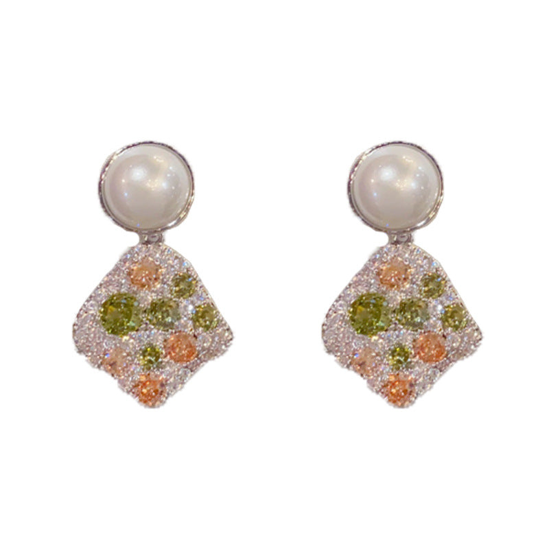 Elegant Full-Zircon Irregular Pearl Drop Earrings – Minimalist Design