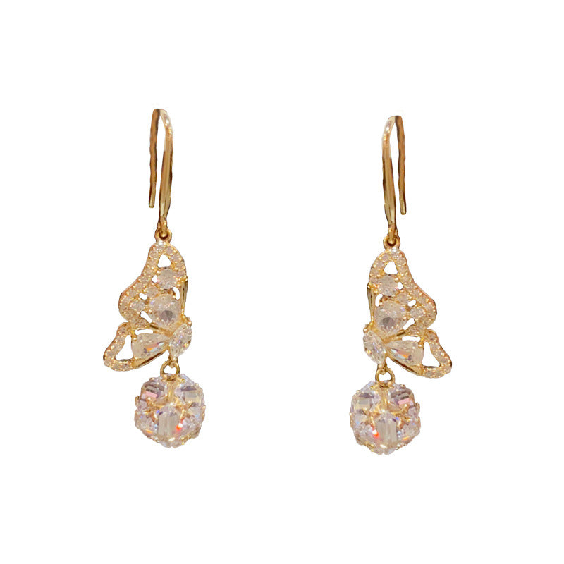 14K Gold-Plated Full Diamond Butterfly Ball Earrings - Sparkling Elegance