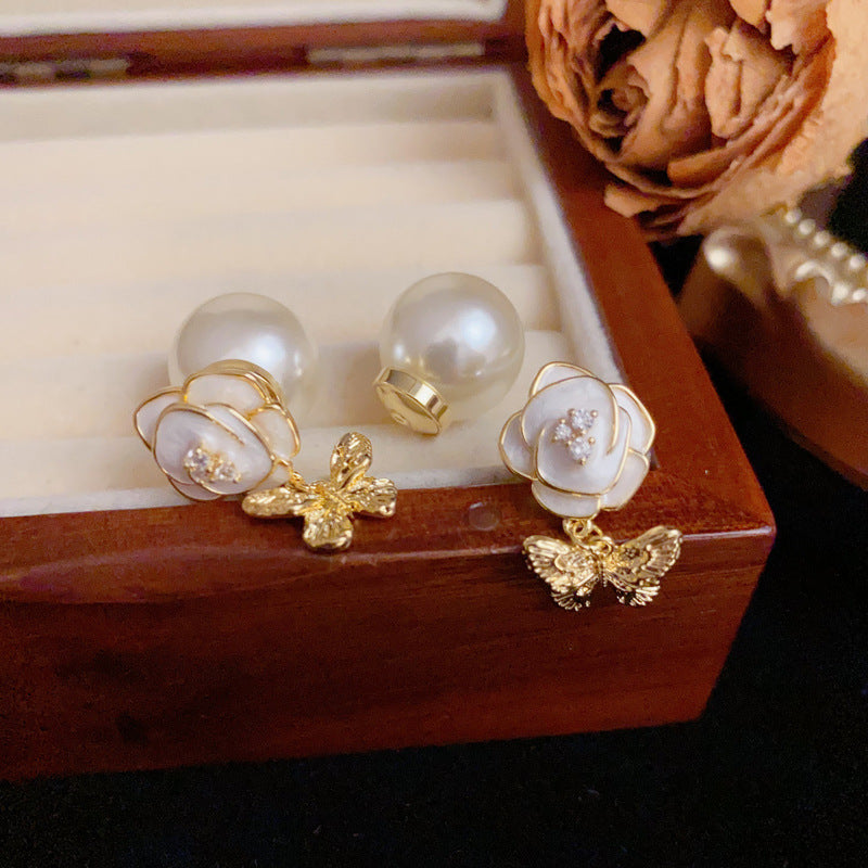 Sweet Flower & Butterfly Tassel Pearl Earrings – S925 Silver Needle