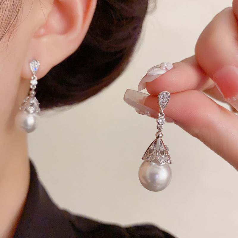 Elegant Zircon Teardrop Pearl Drop Earrings – Geometric Design