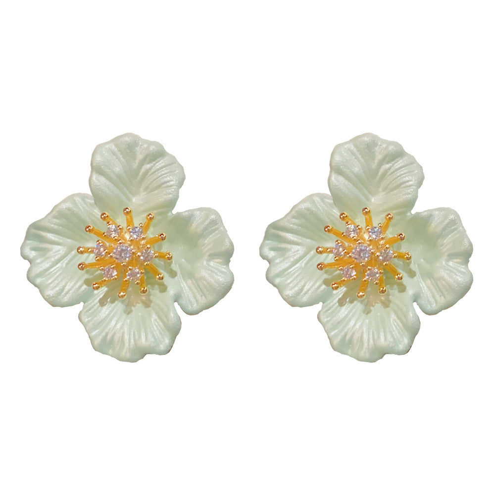 Eaioncol Green Camellia CZ Stud Earrings Gold