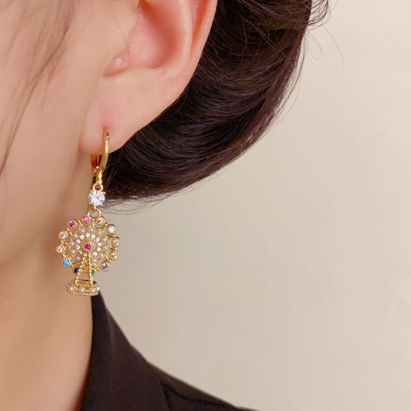 Luxury Full-Zircon Pearl Ferris Wheel Drop Earrings – Geometric Design