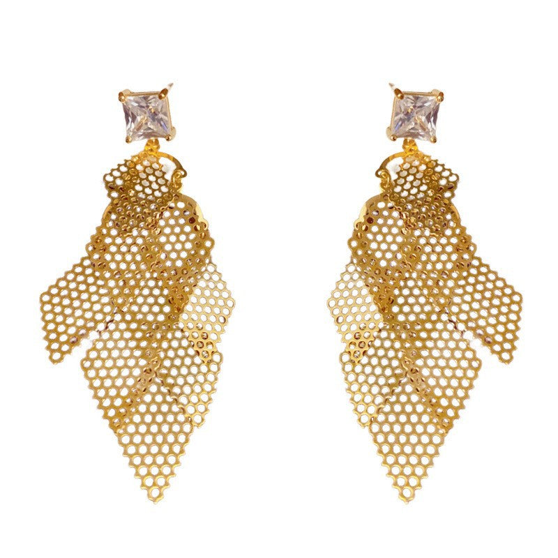 Eaioncol Openwork Rhombus Tassel Drop Earrings 14K Gold Plated