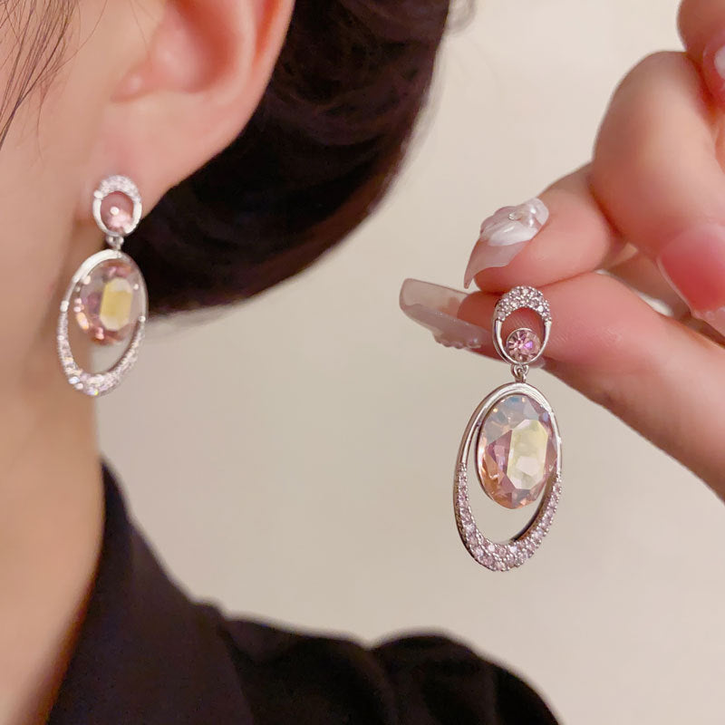 Elegant Zircon Crystal Oval Drop Earrings – Geometric Design