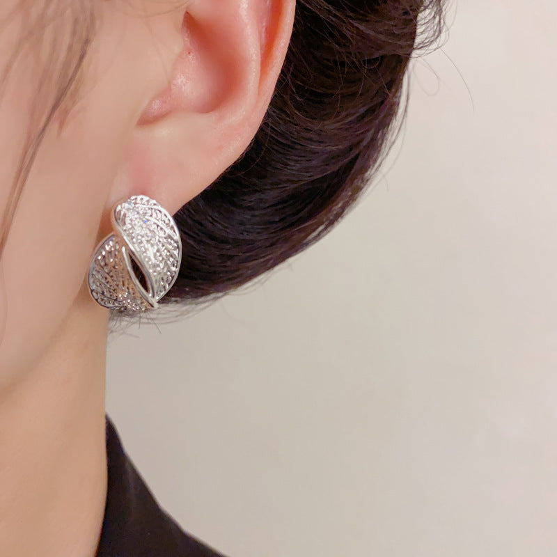 Elegant Zircon Metal Leaf Stud Earrings – Floral Design