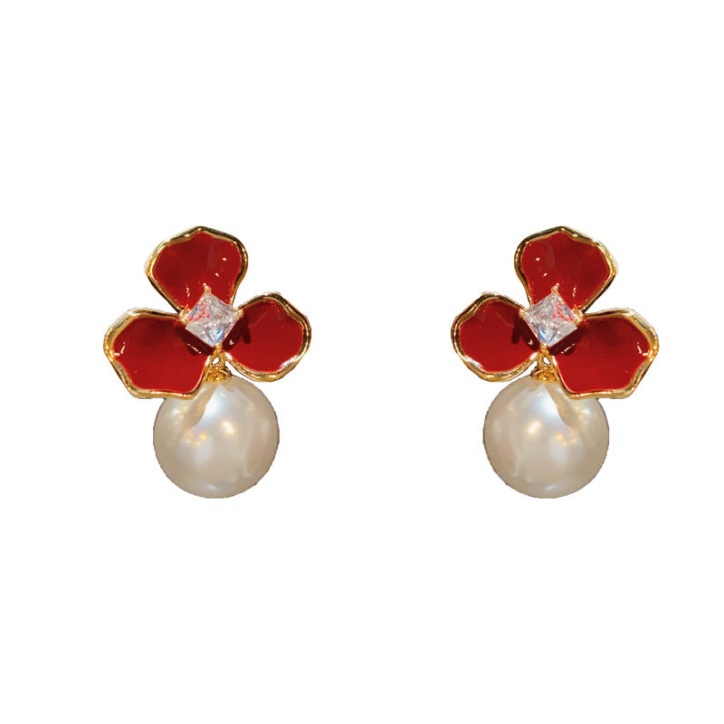 14KGold-Plated Red Oil Drop 3Leaf Flower Pearl Earrings-Elegant Design